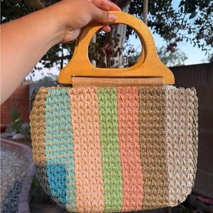Multicolor Woven Handbag with Wooden Handle